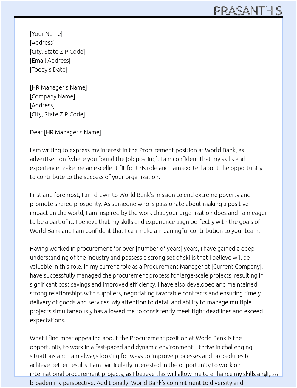 Procurement At World bank Cover Letter