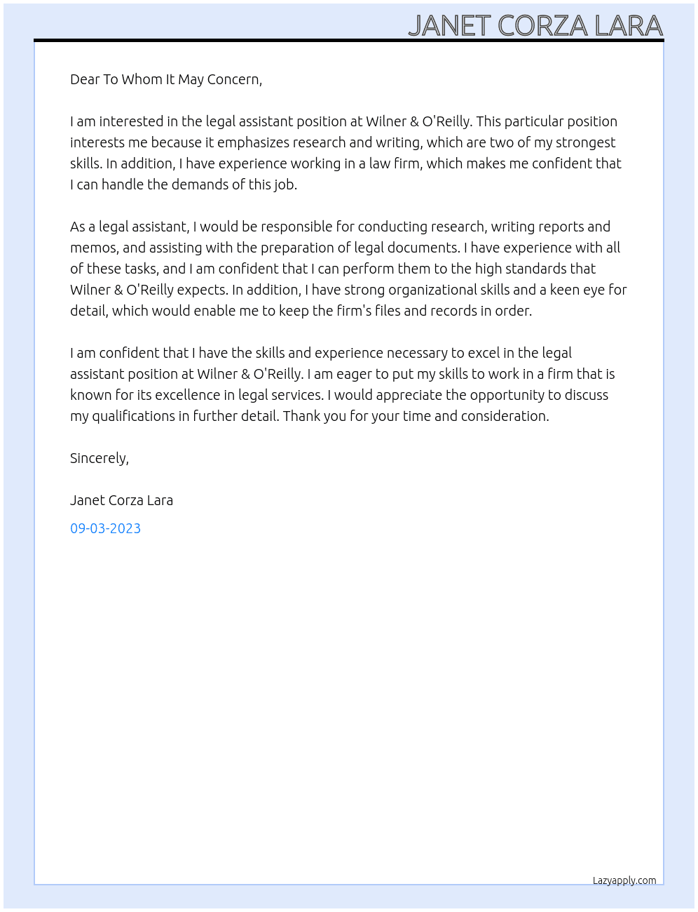 legal assistant At Wilner & O'Reilly Cover Letter