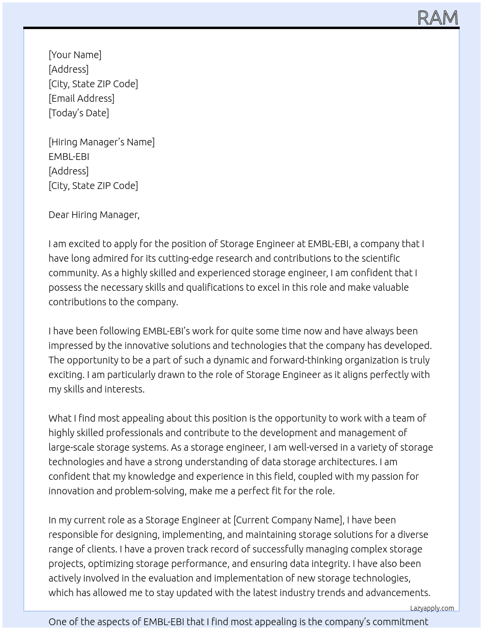 Storage engineer At EMBL-EBI Cover Letter
