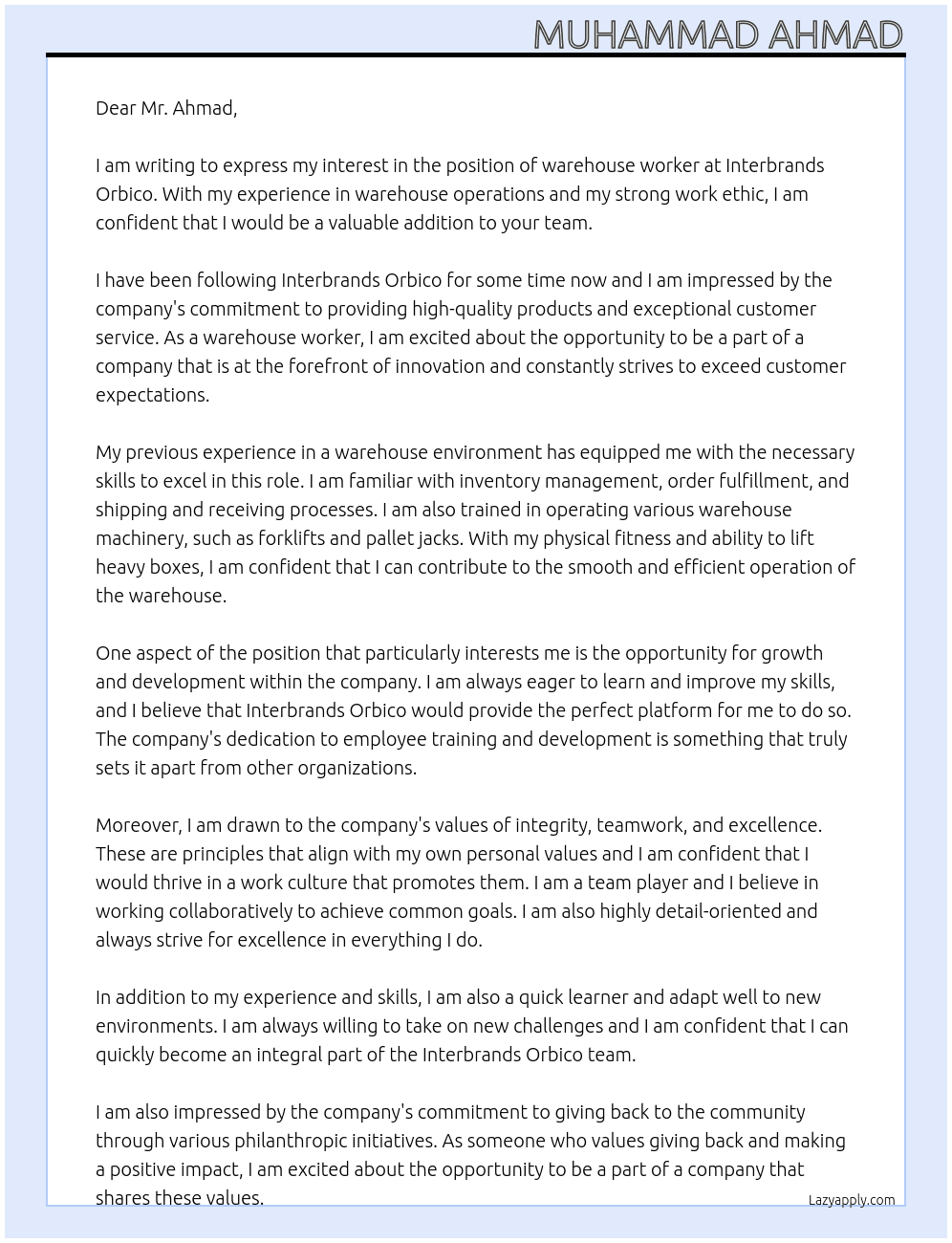 Wharehouse At interbrands orbico Cover Letter