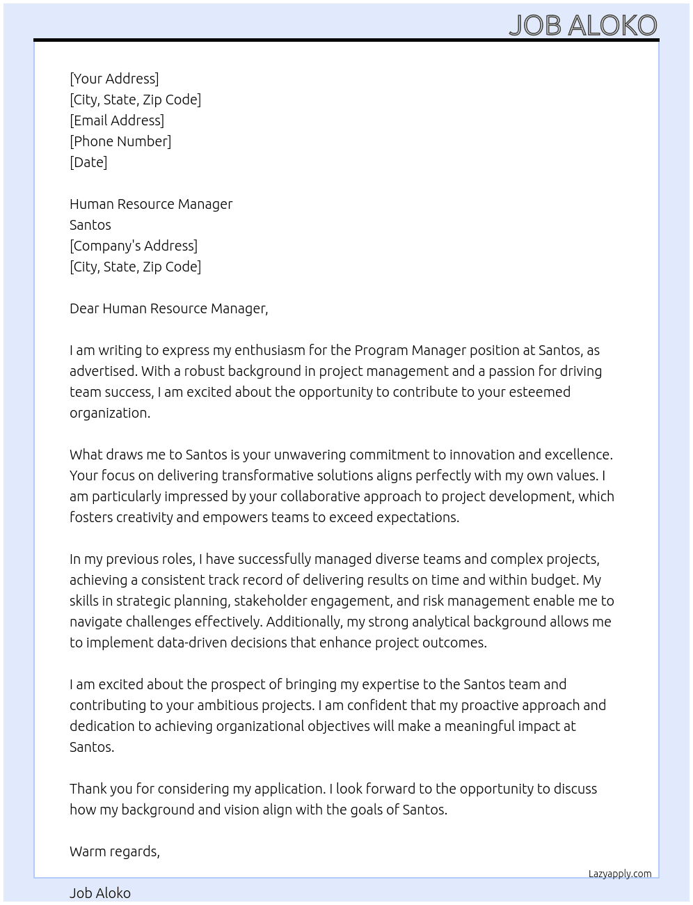 Program Manager At Santos Cover Letter