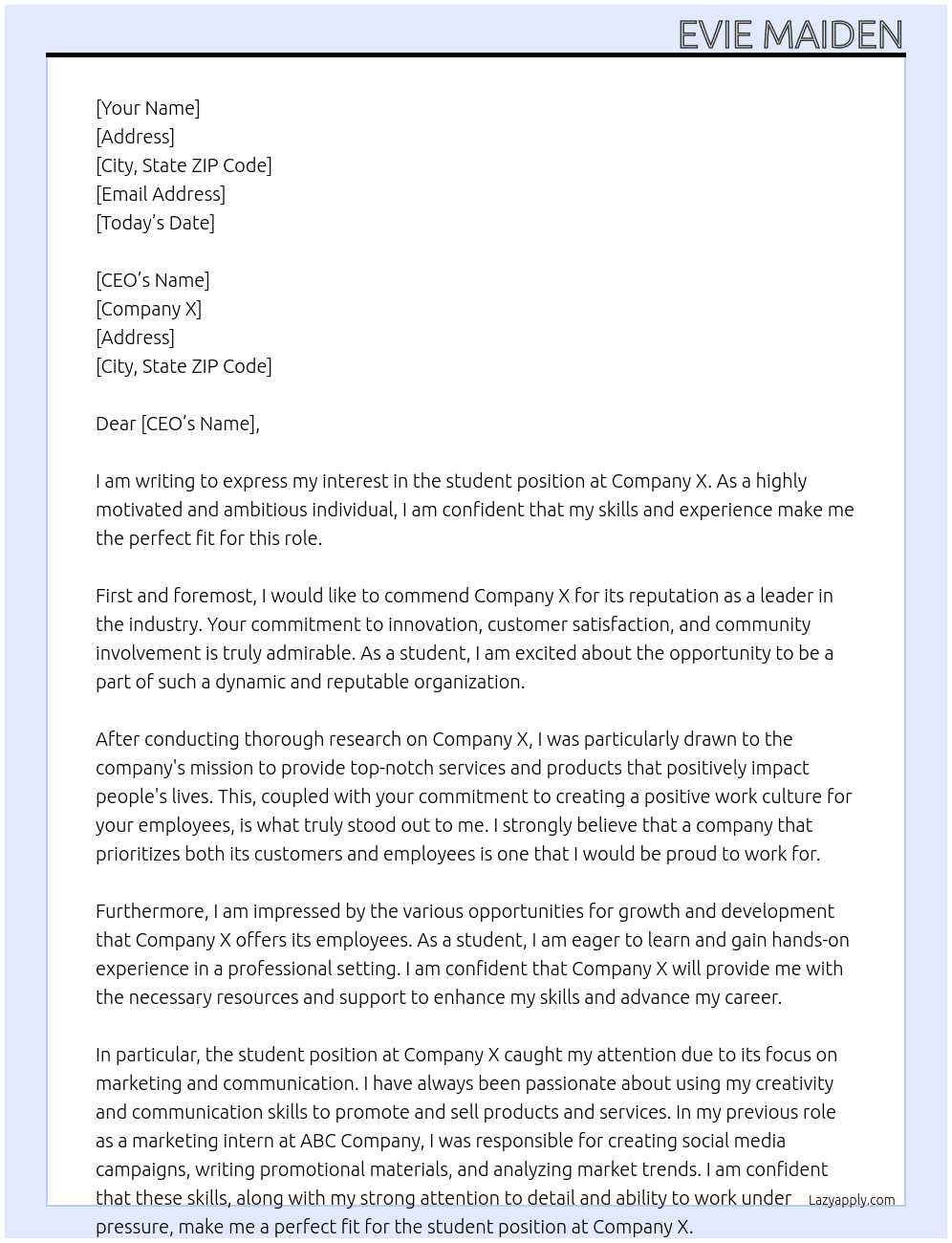 Student At Company X Cover Letter