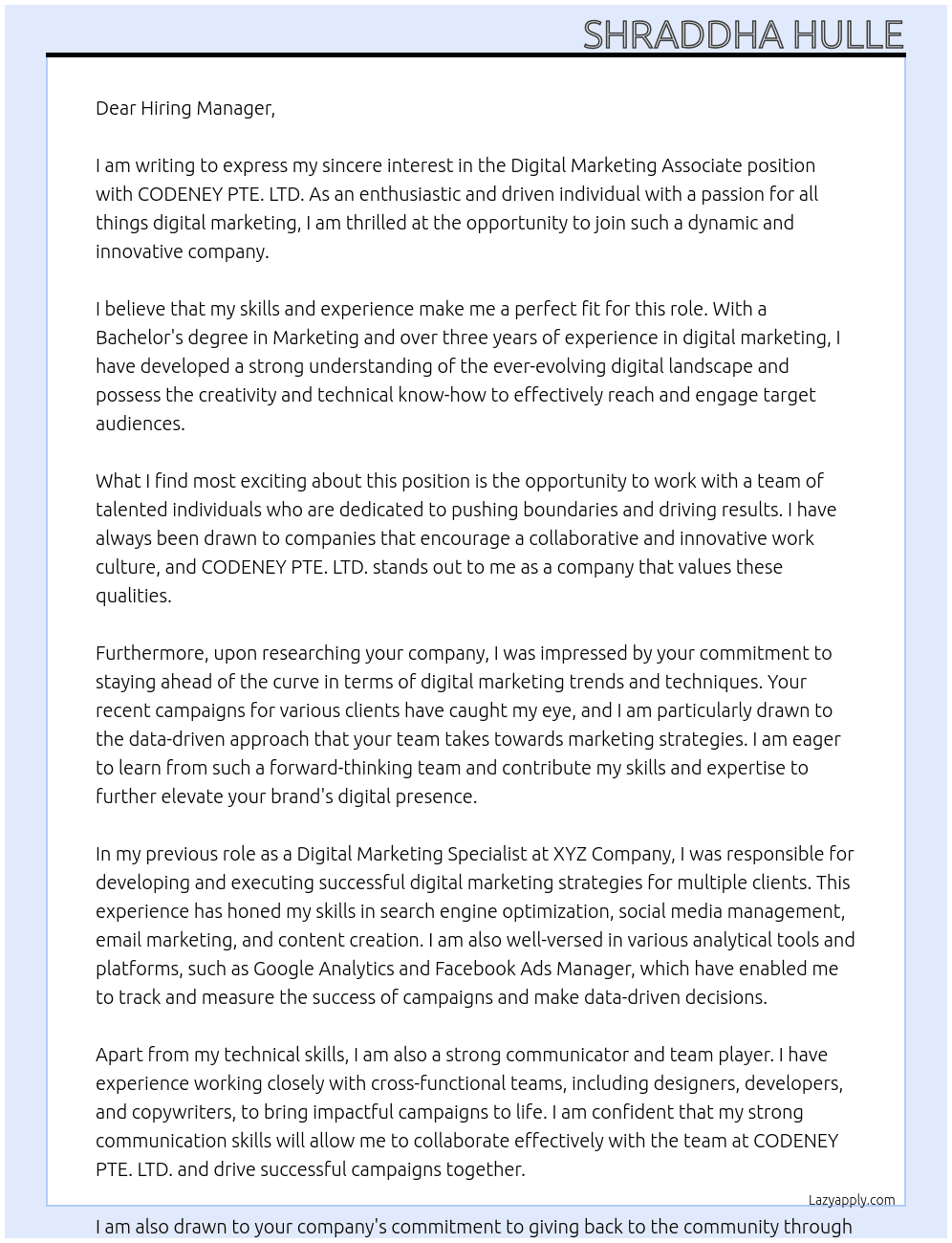 Digital Marketing Associate At CODENEY PTE. LTD. Cover Letter
