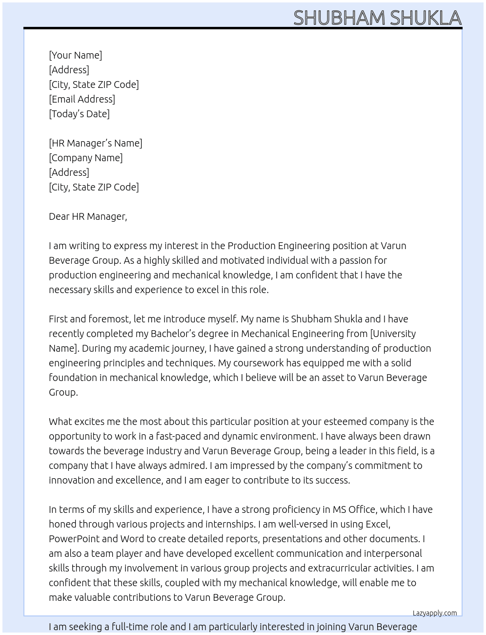 Production Engineering At Varun Beverage Group Cover Letter