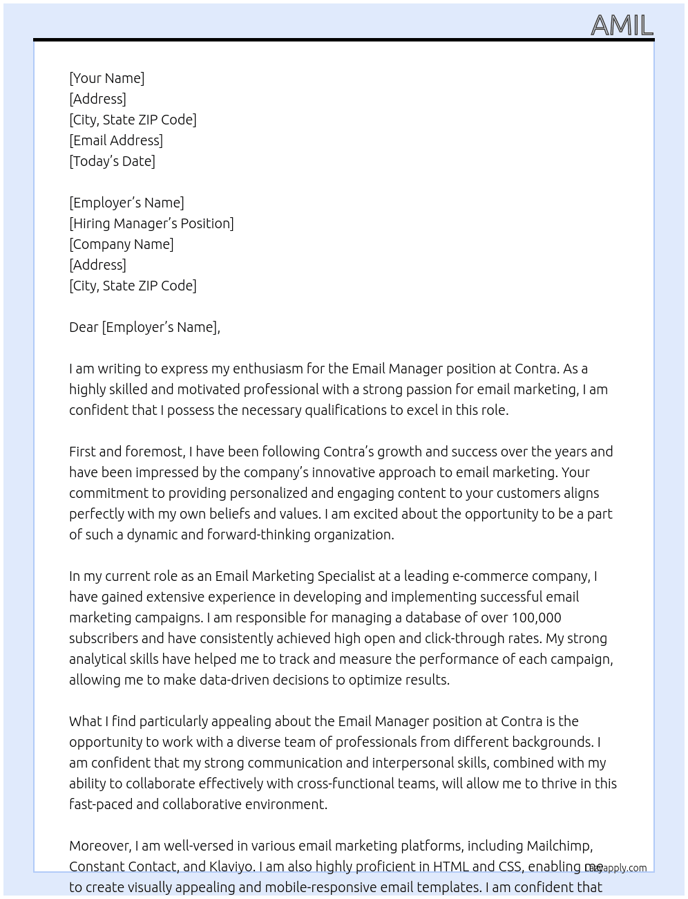 Email manager At Contra Cover Letter