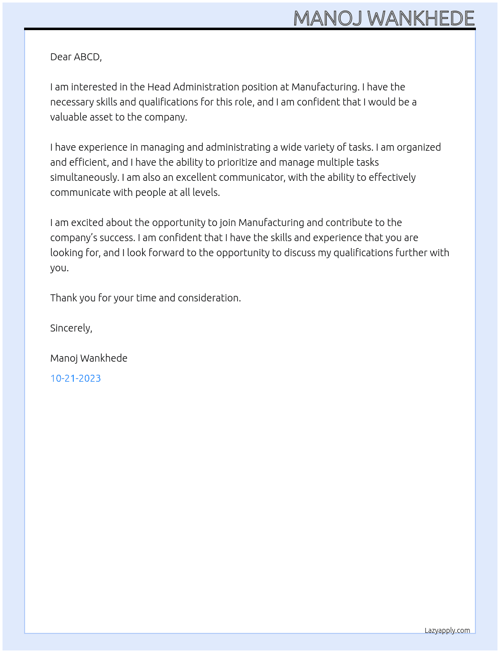 Head Administration At Manufacturin Cover Letter