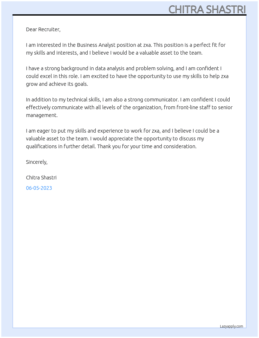 Business Analyst At zxa Cover Letter