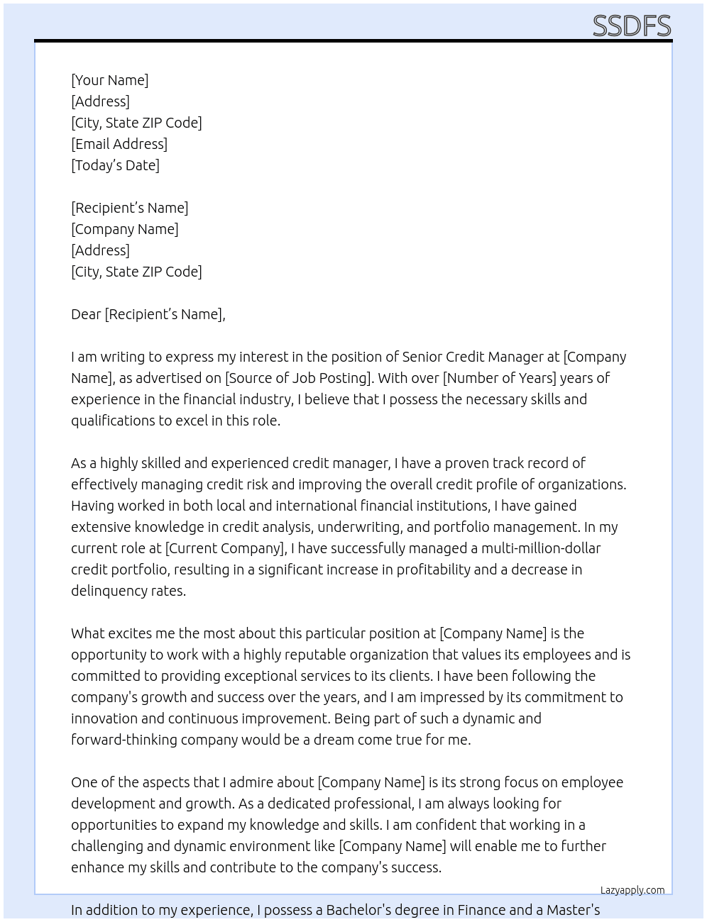  SENIOR CREDIT MANAGER At sdfsdf Cover Letter