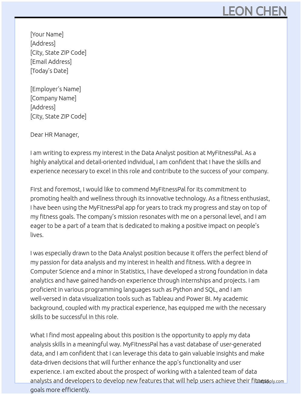 Data Analyst  At MyFitnessPal Cover Letter