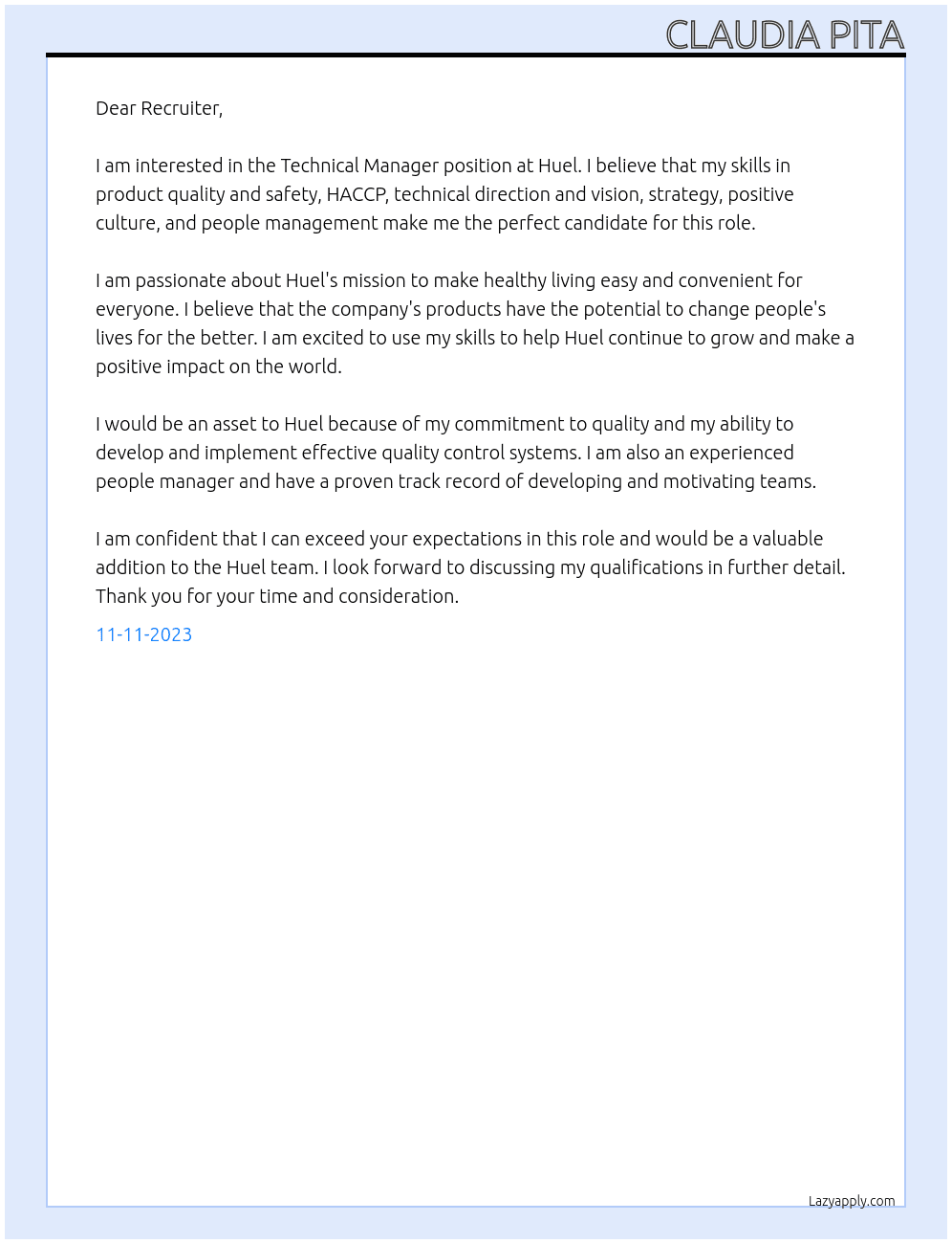 Technical Manager At Huel Cover Letter