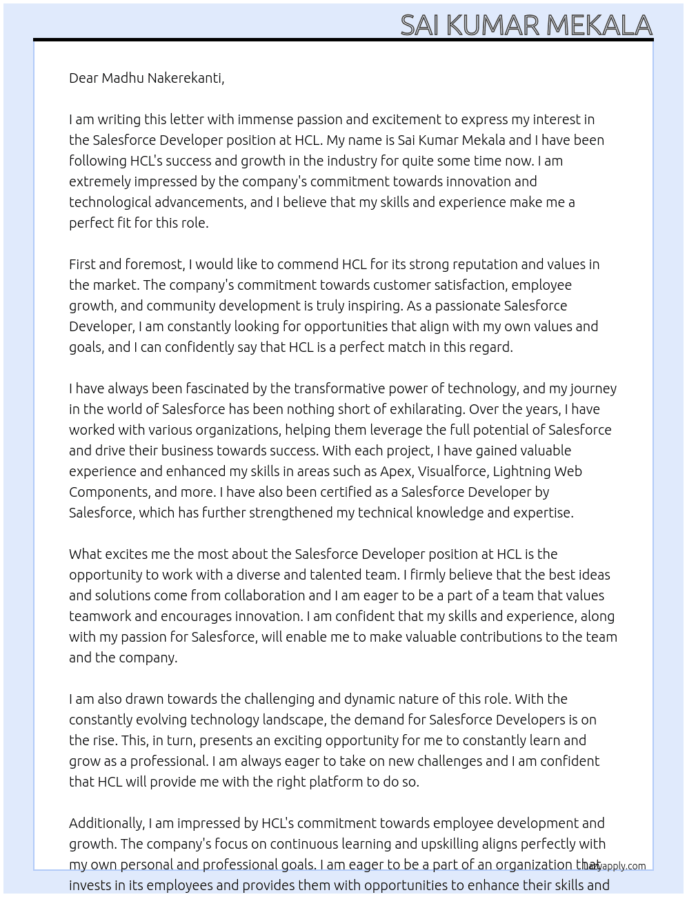 Salesforce Developer At HCL  Cover Letter