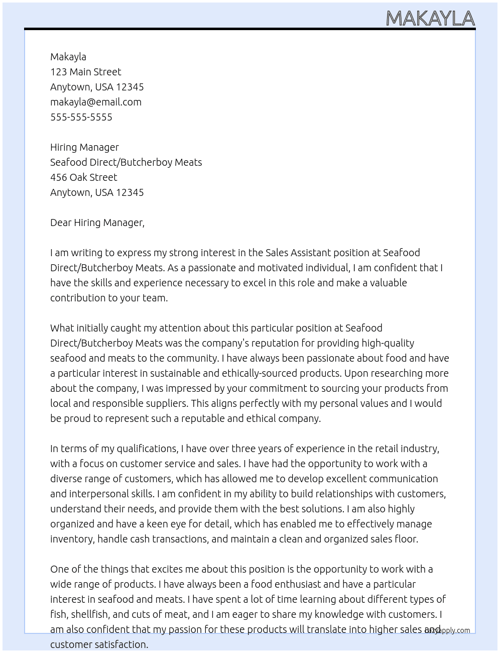 Sales Assistant At Seafood Direct/Butcherboy Meats Cover Letter