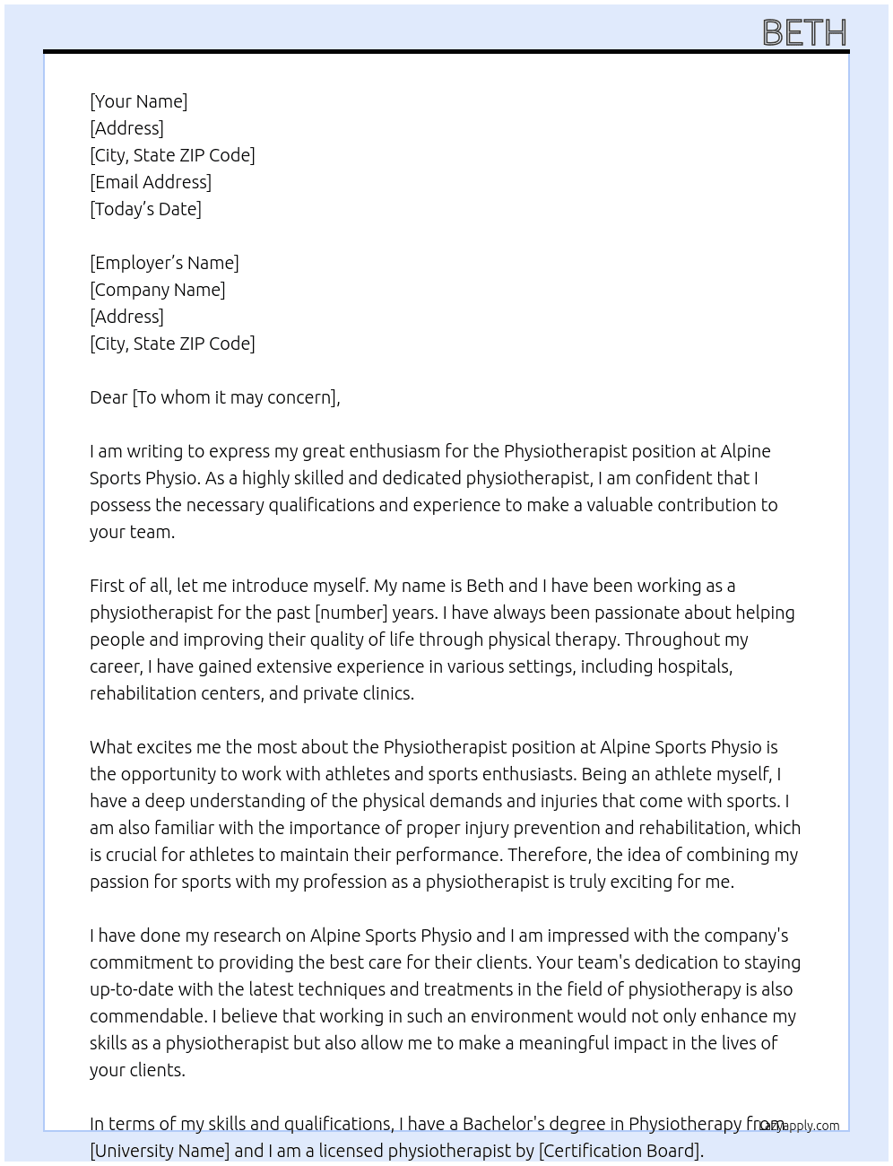 Physiotherapist At Alpine Sports Physio Cover Letter