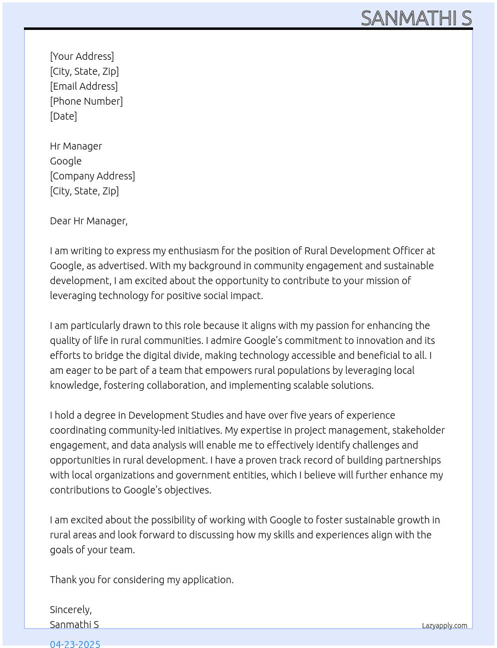 Cover letter for rural development officer - LazyApply