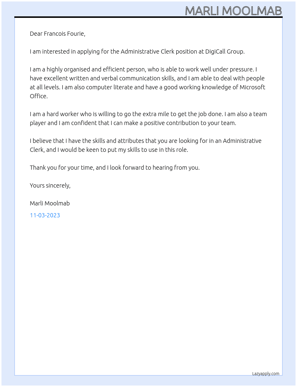 Administrative klerk At DigiCall Group Cover Letter