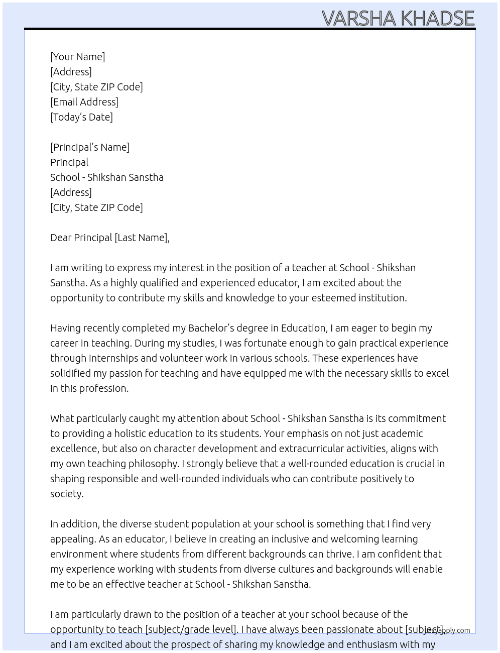 Application for job of a teacher  At School - shikshan sanstha Cover Letter