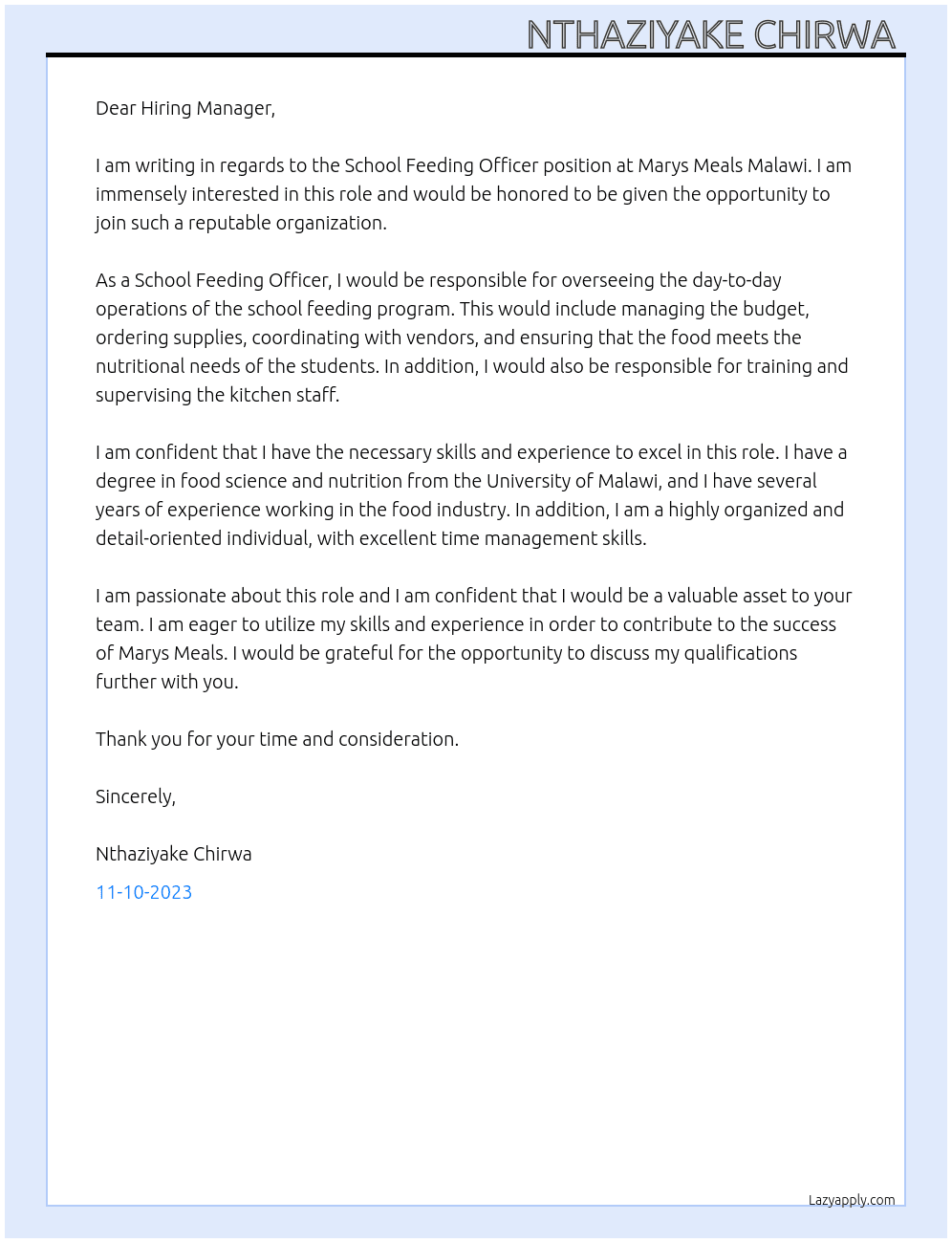 School Feeding Officer At Marys Meals Malawi Cover Letter