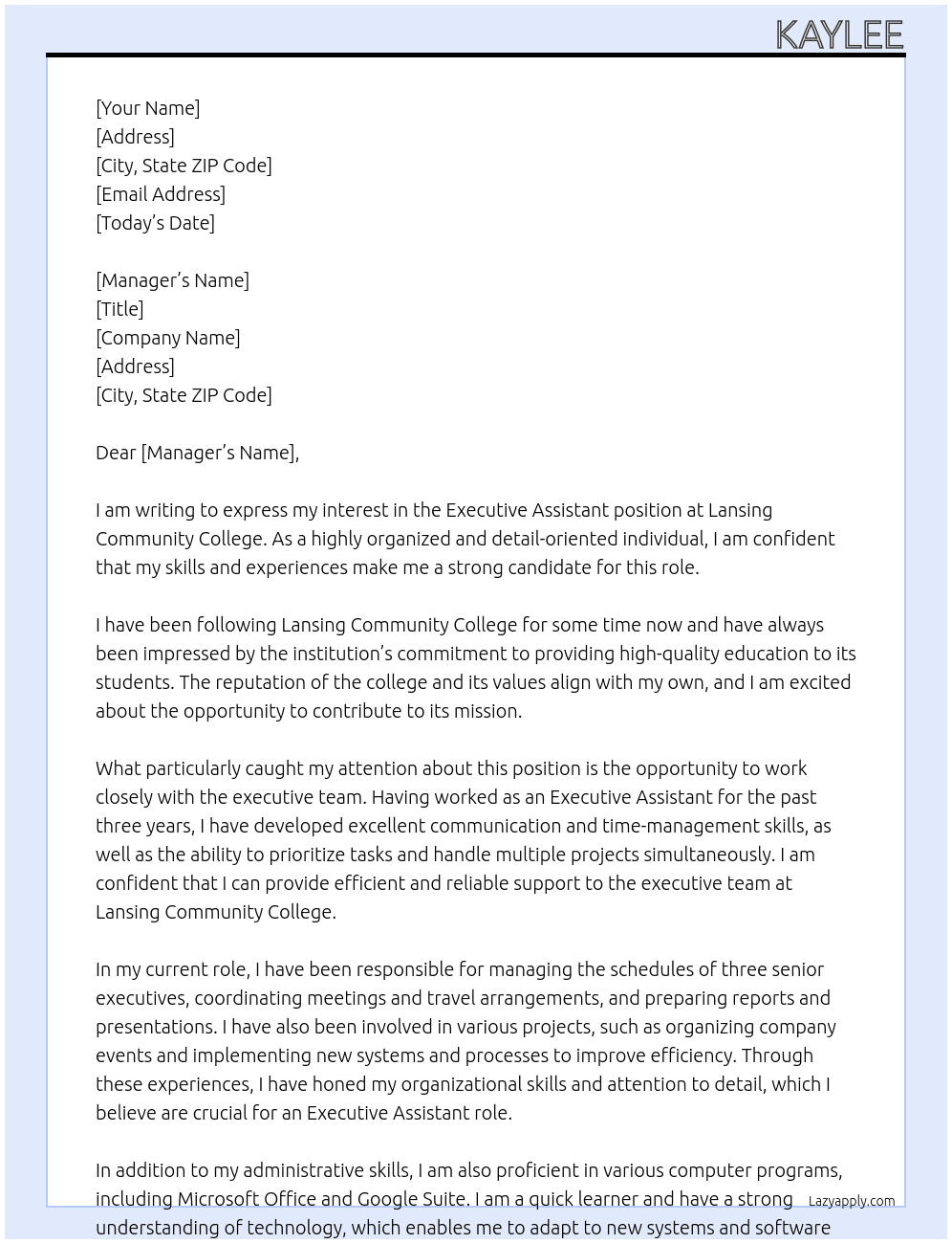 Executive Assistant At Lansing Community College Cover Letter