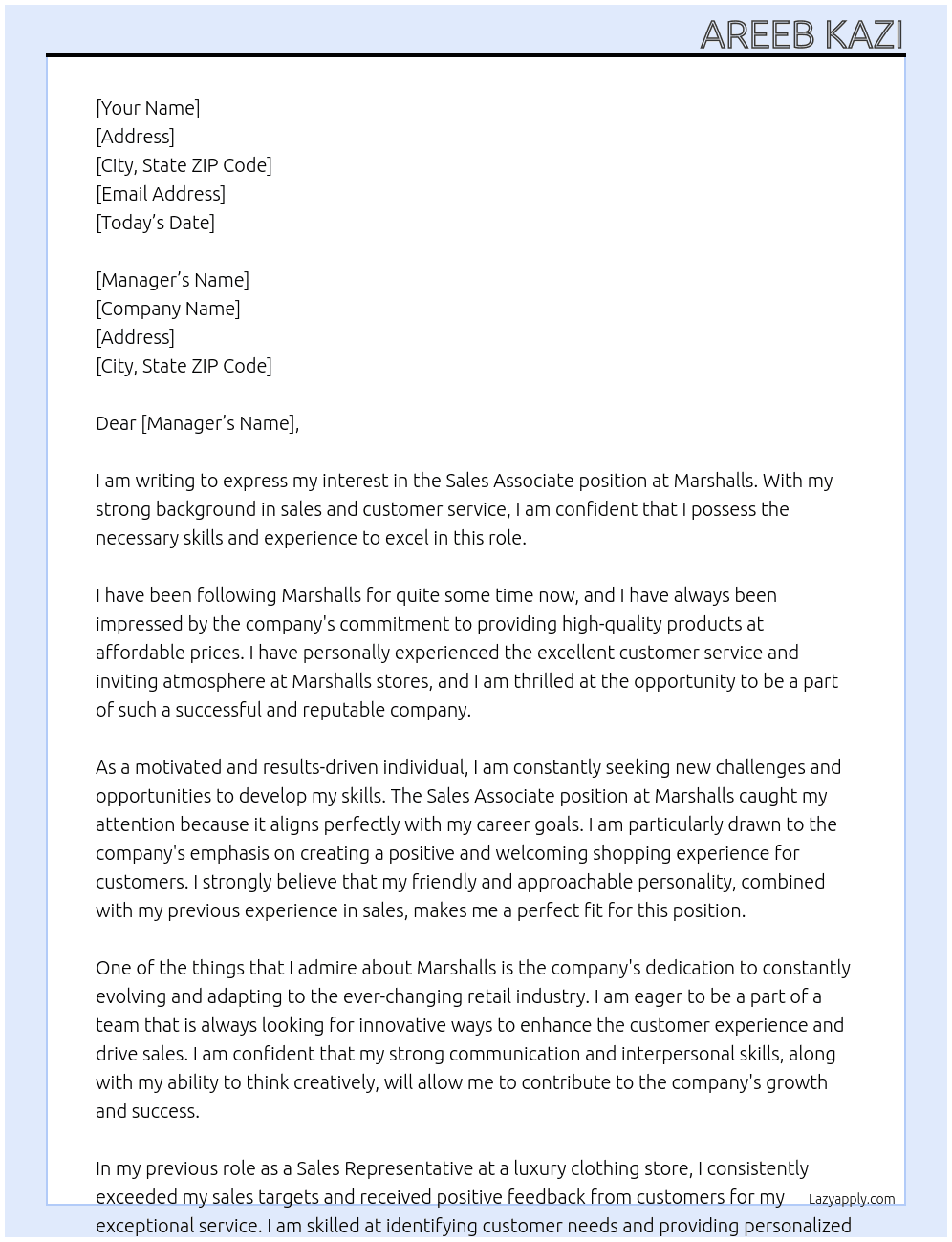 sale associate At marshalls Cover Letter