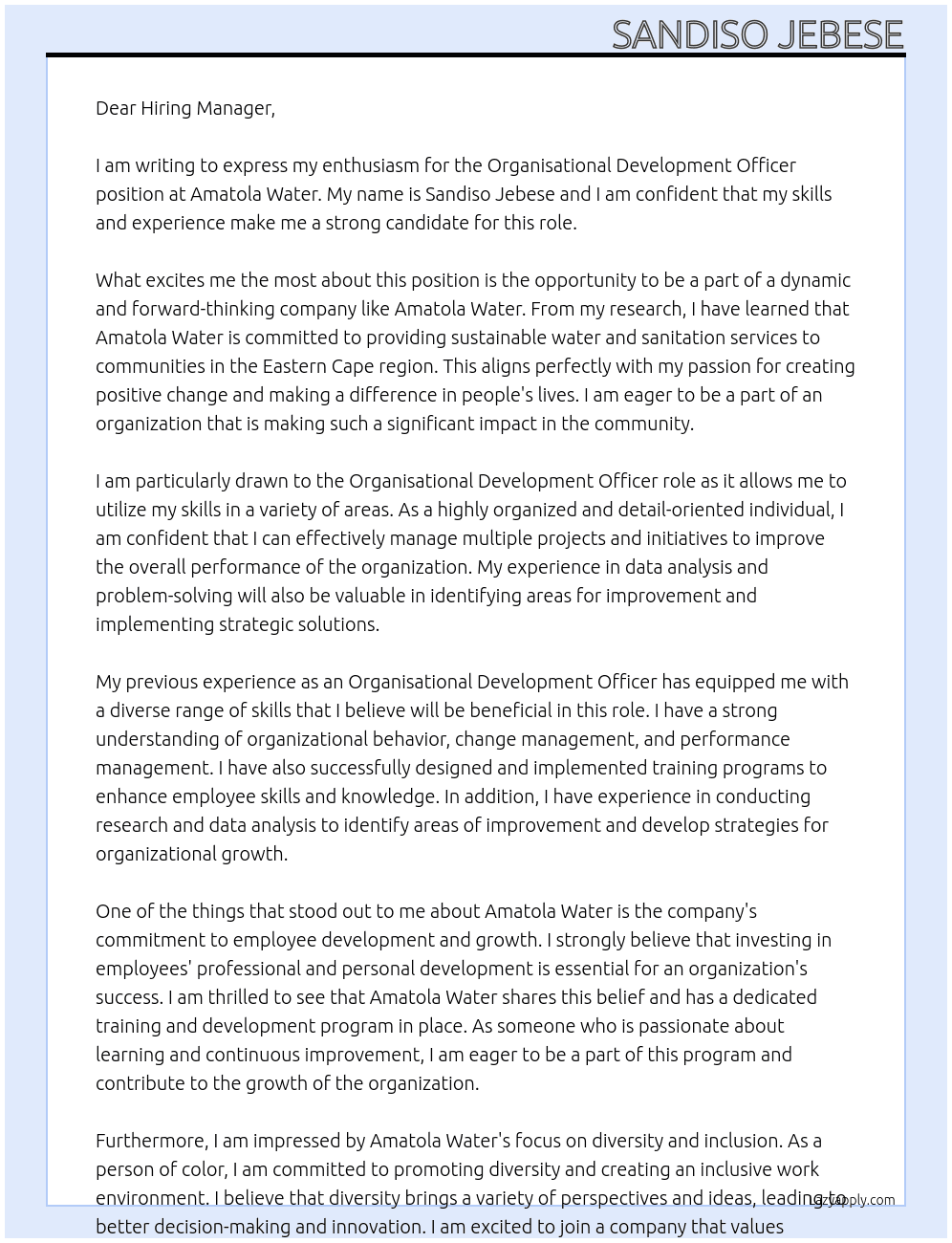 Organisational Development Officer At Amatola Water Cover Letter