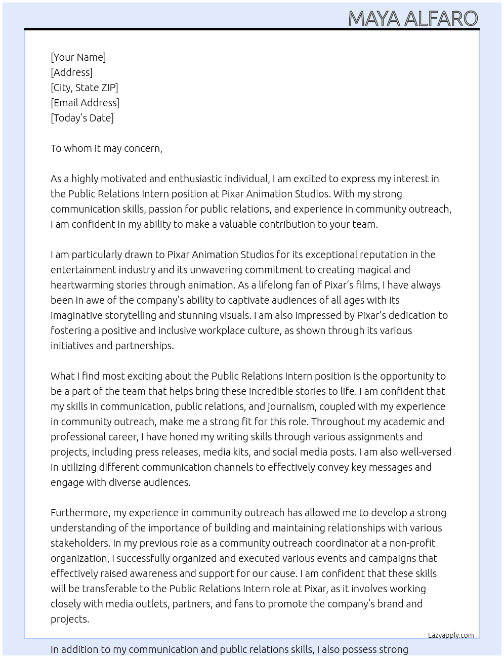Public Relations Intern At Pixar Animation Studios Cover Letter