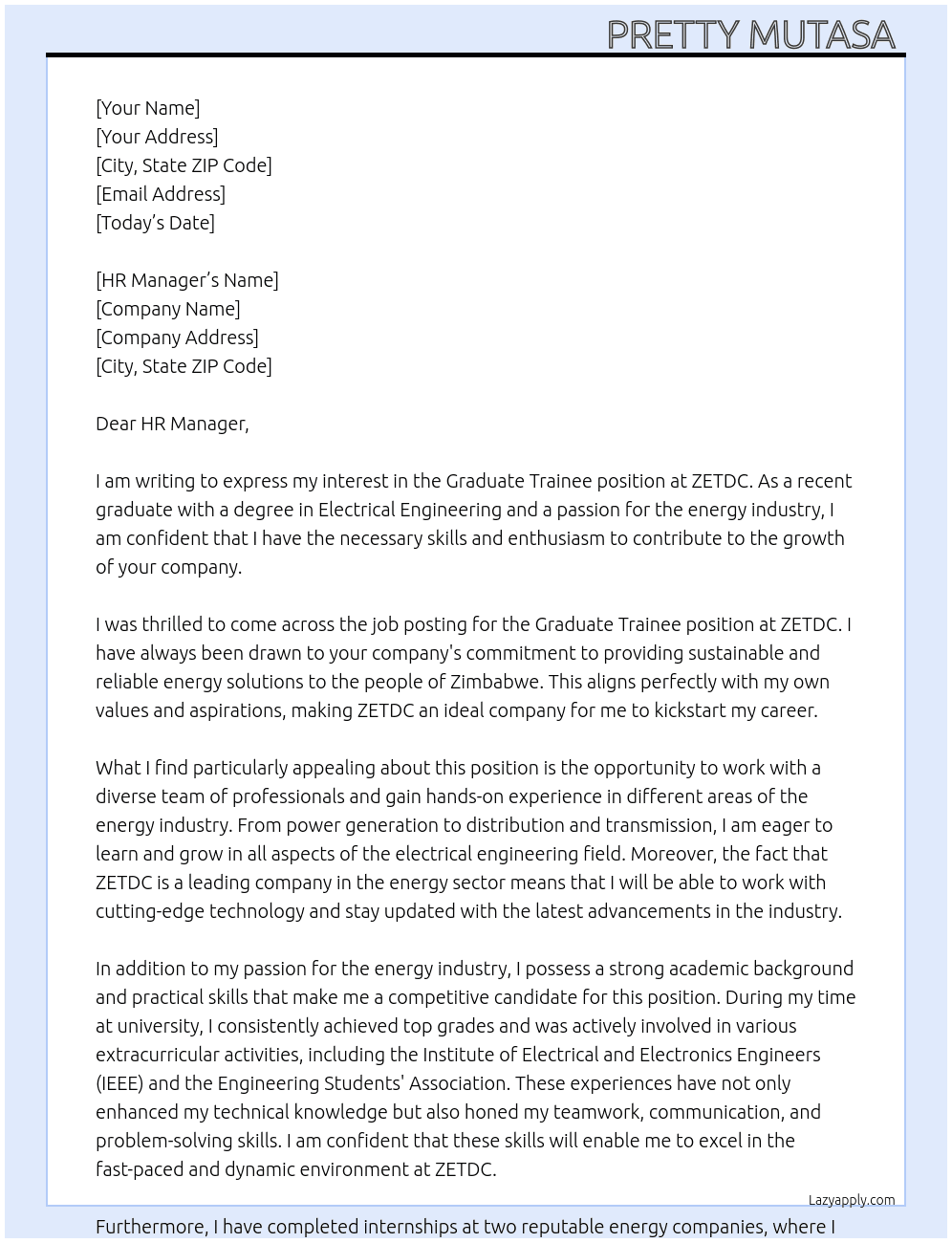 Graduate trainee  At ZETDC  Cover Letter