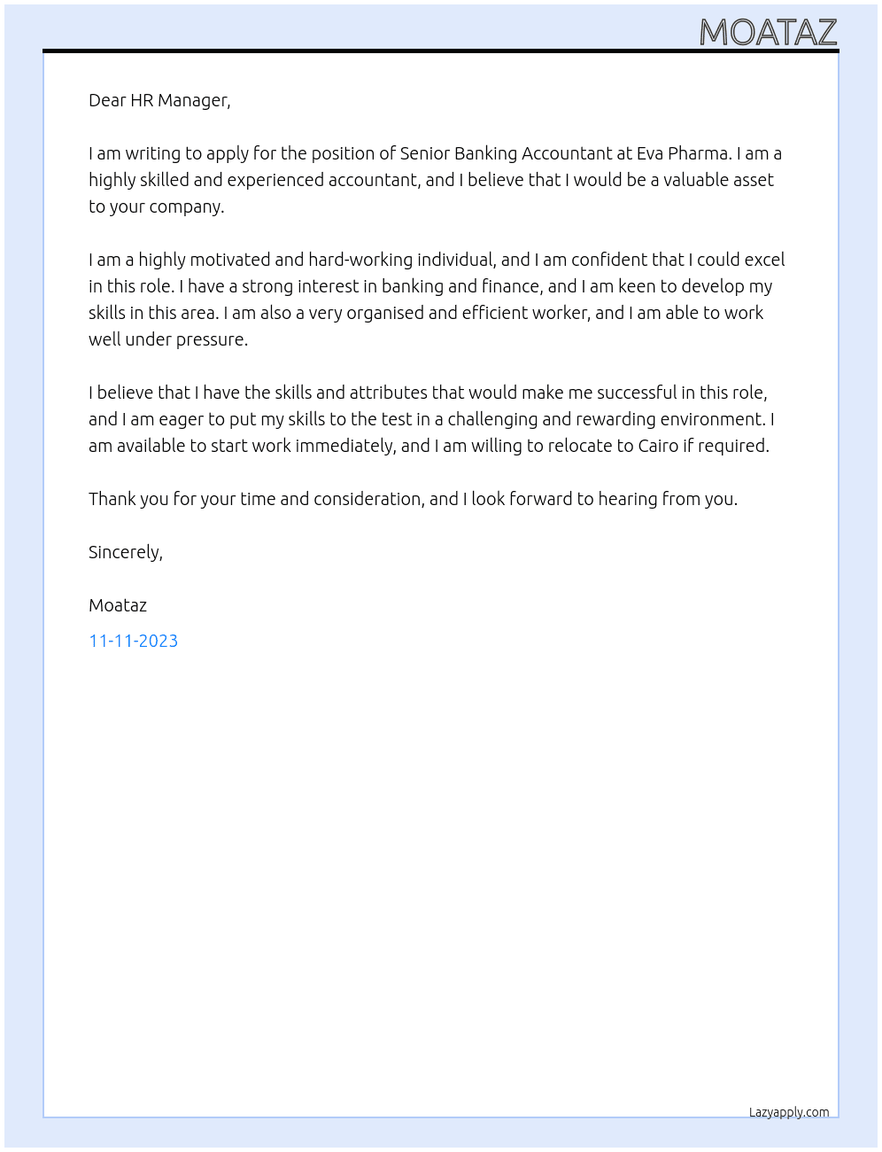 Senior banking accountant At Eva pharma Cover Letter