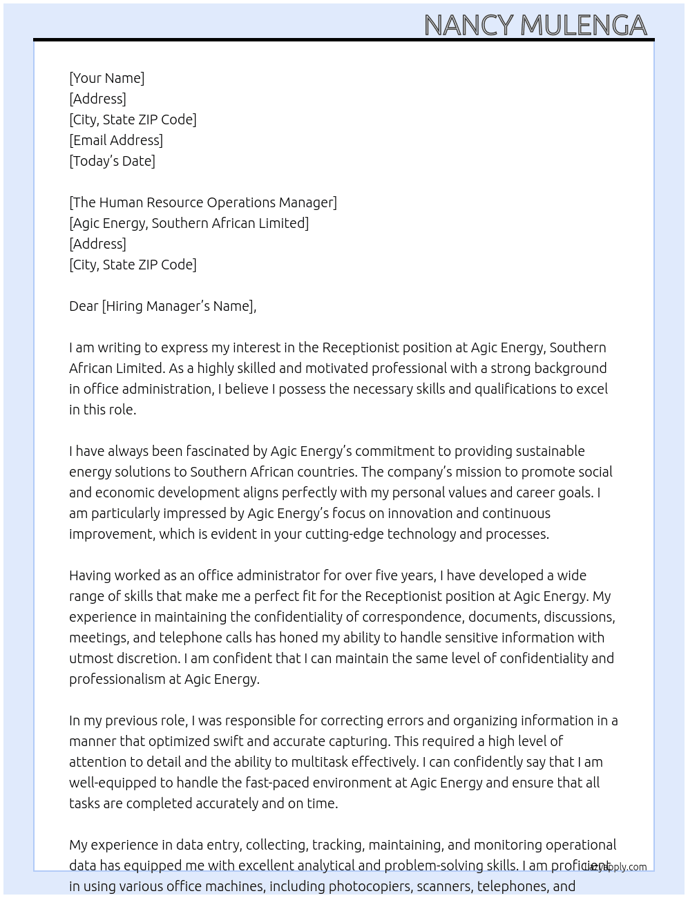 Receptionist At Agic energy , southern African limited Cover Letter