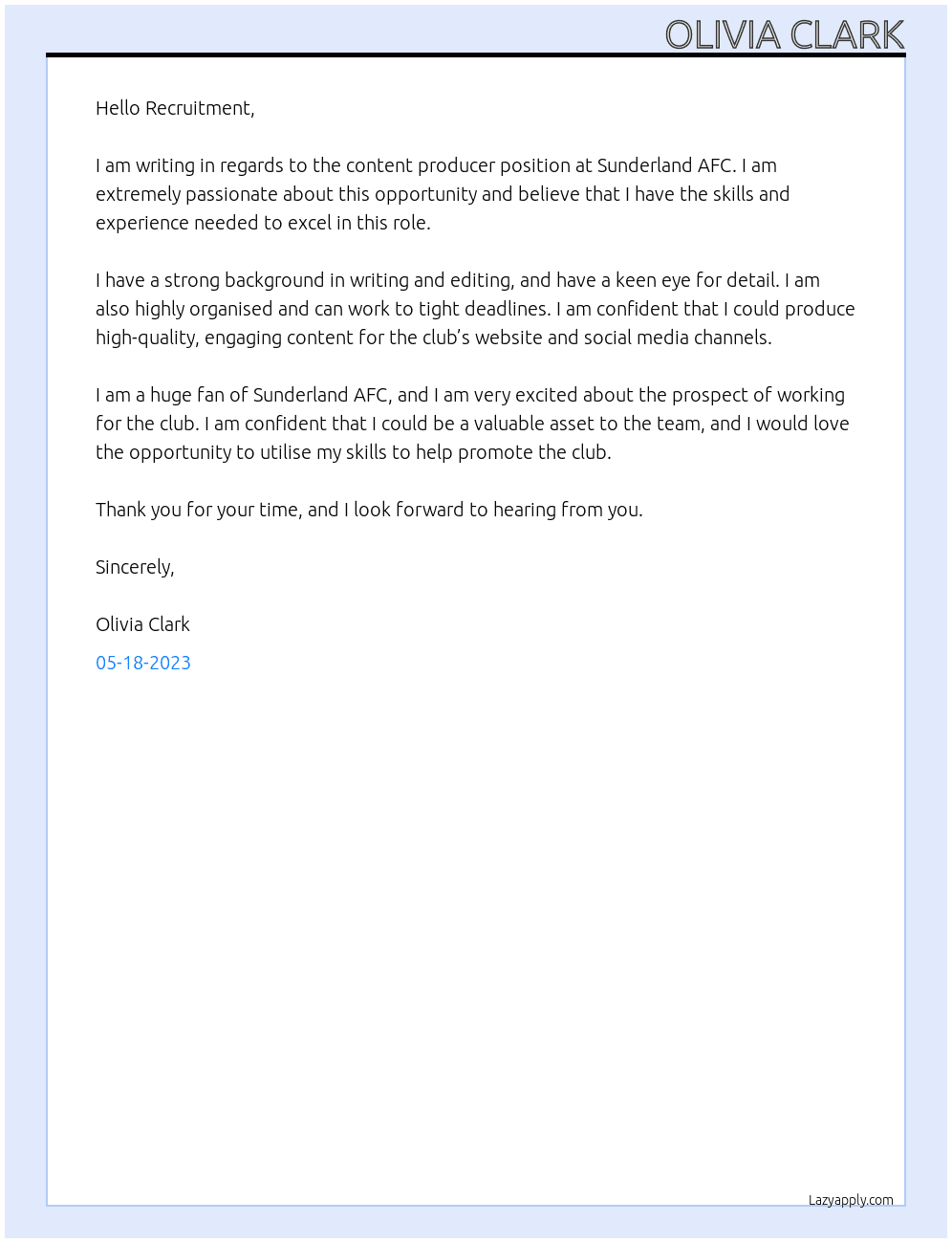 Content Producer At Sunderland AFC Cover Letter