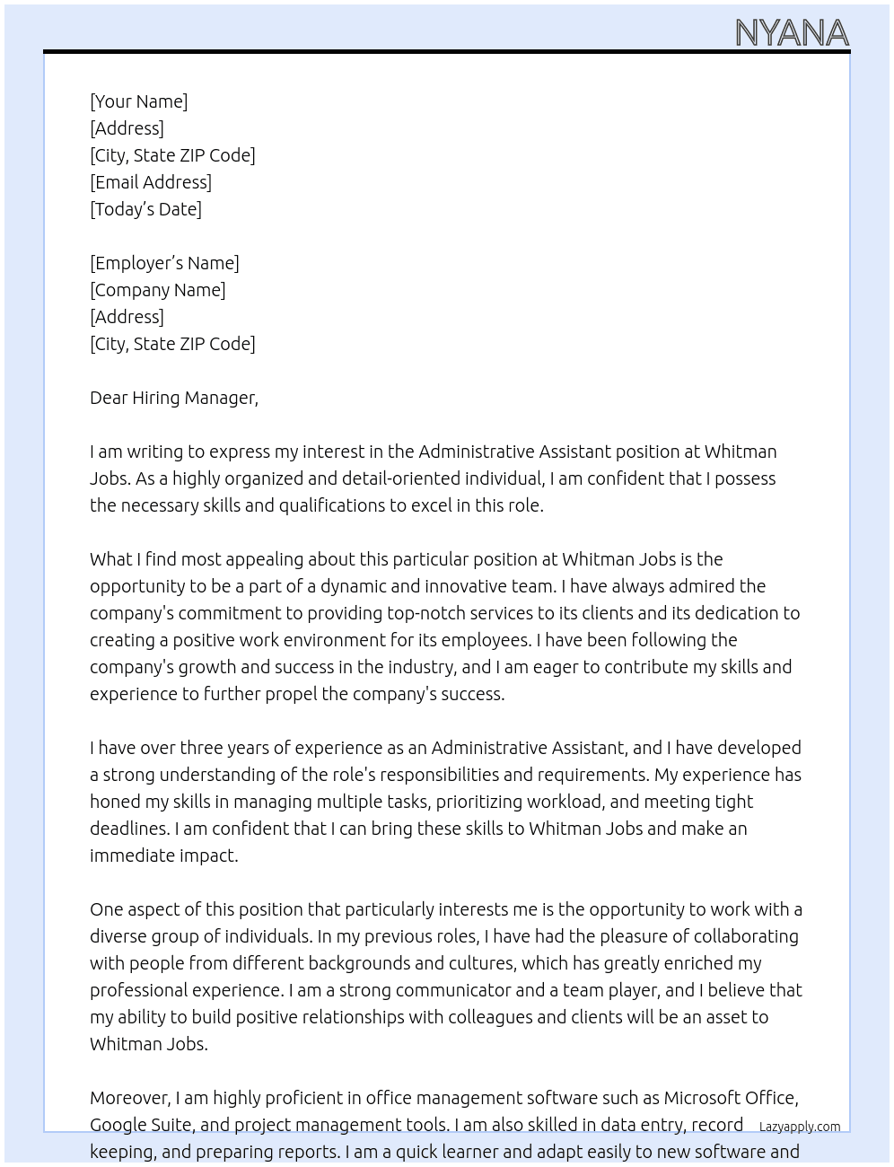 Administrative Assistant  At Whitman jobs Cover Letter