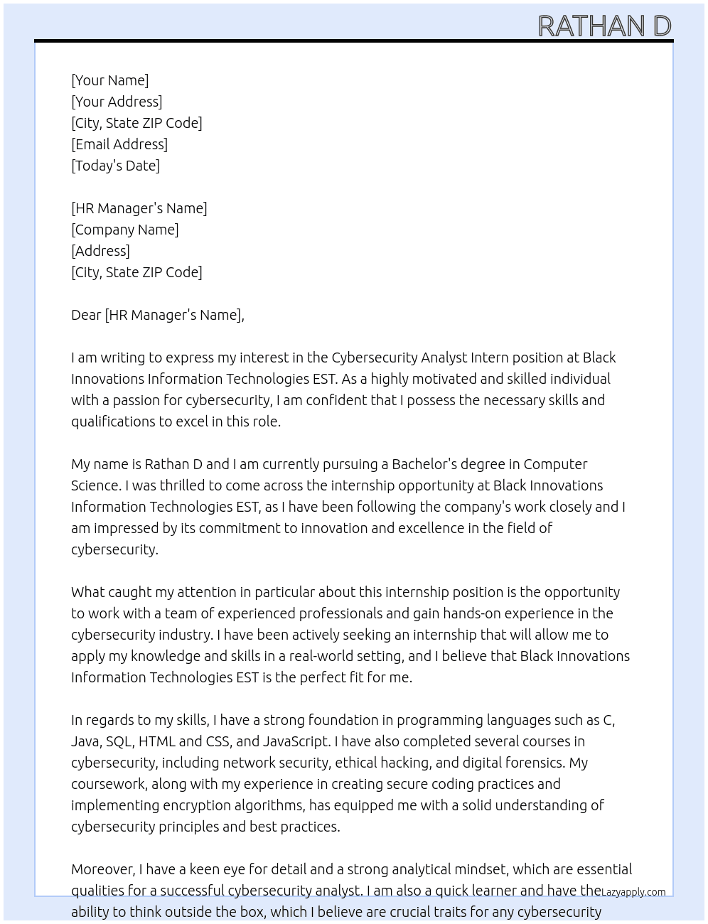 Cybersecurity Analyst Intern At Black Innovations Information Technologies EST Cover Letter