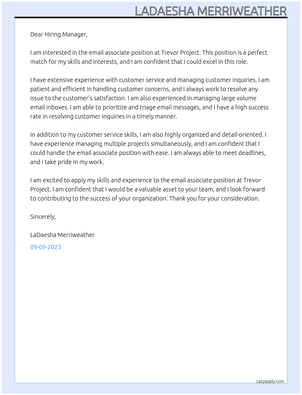 Email associate At Trevor project  Cover Letter