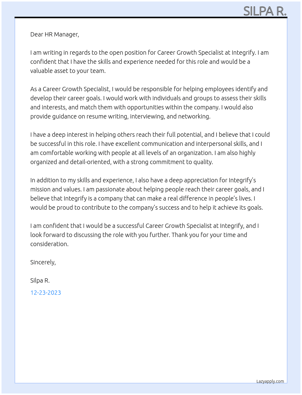 Career Growth Specialist At Integrify Cover Letter