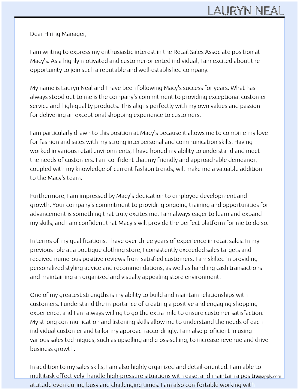 Retail sales associate  At Macys  Cover Letter