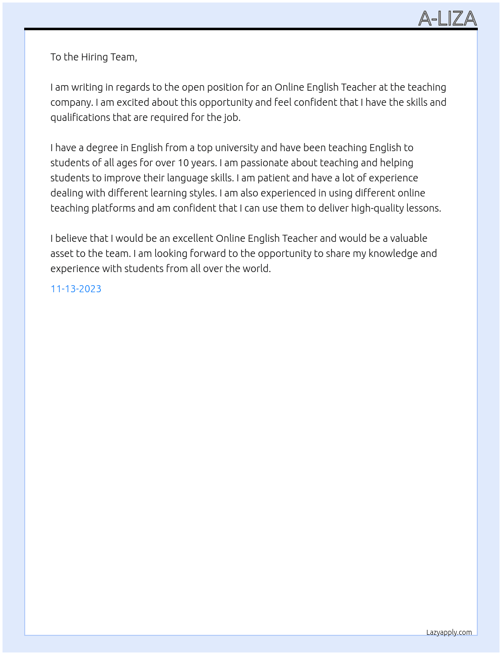 Online English Teacher At teaching company Cover Letter