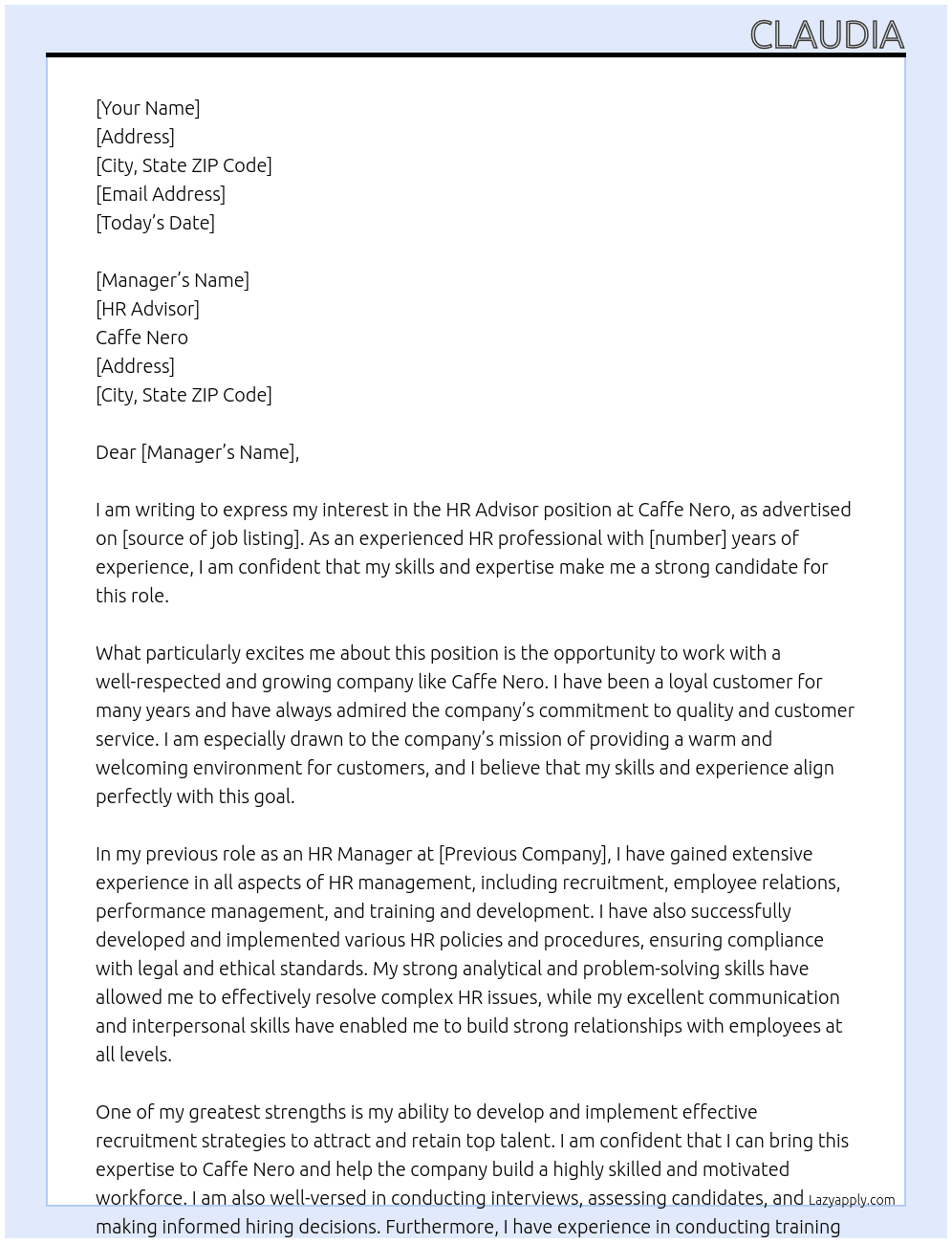 HR advisor At Caffe Nero Cover Letter
