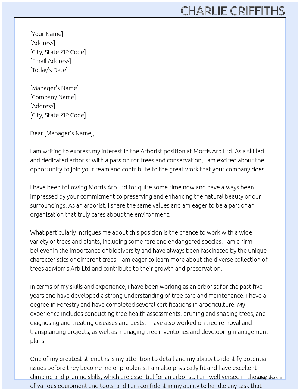 arborist At morris arb ltd Cover Letter