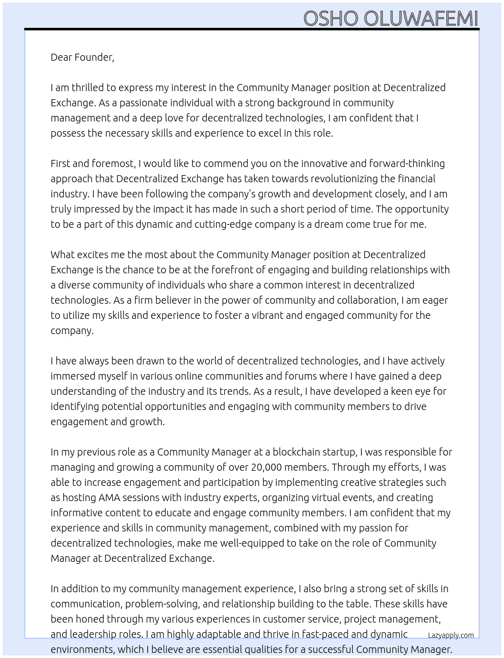 Community manager At Decentralized Exchange Cover Letter