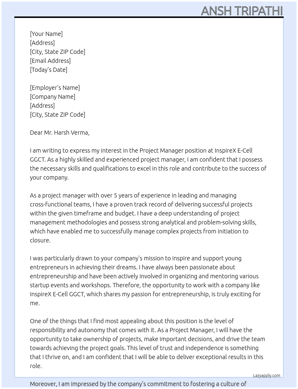 Project Manager At InspireX E-Cell GGCT Cover Letter