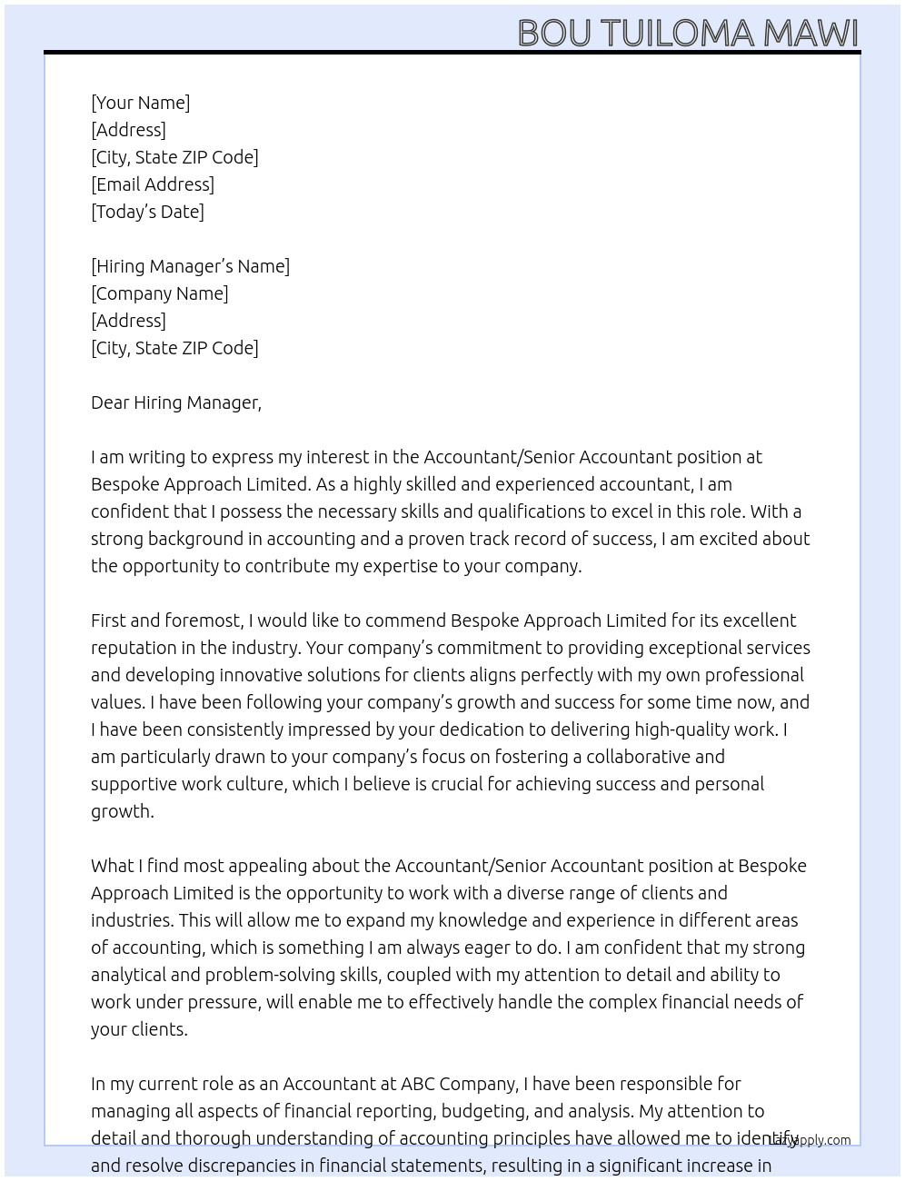 Cover letter for accountant/senior accountant - LazyApply