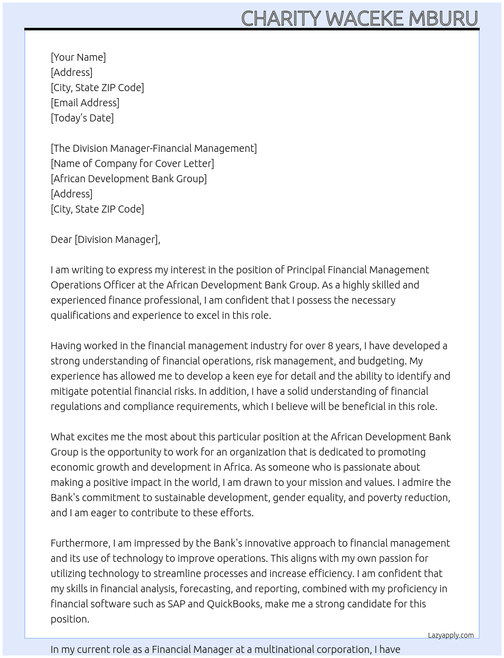 Principal financial management operations officer At African Development Bank Group Cover Letter