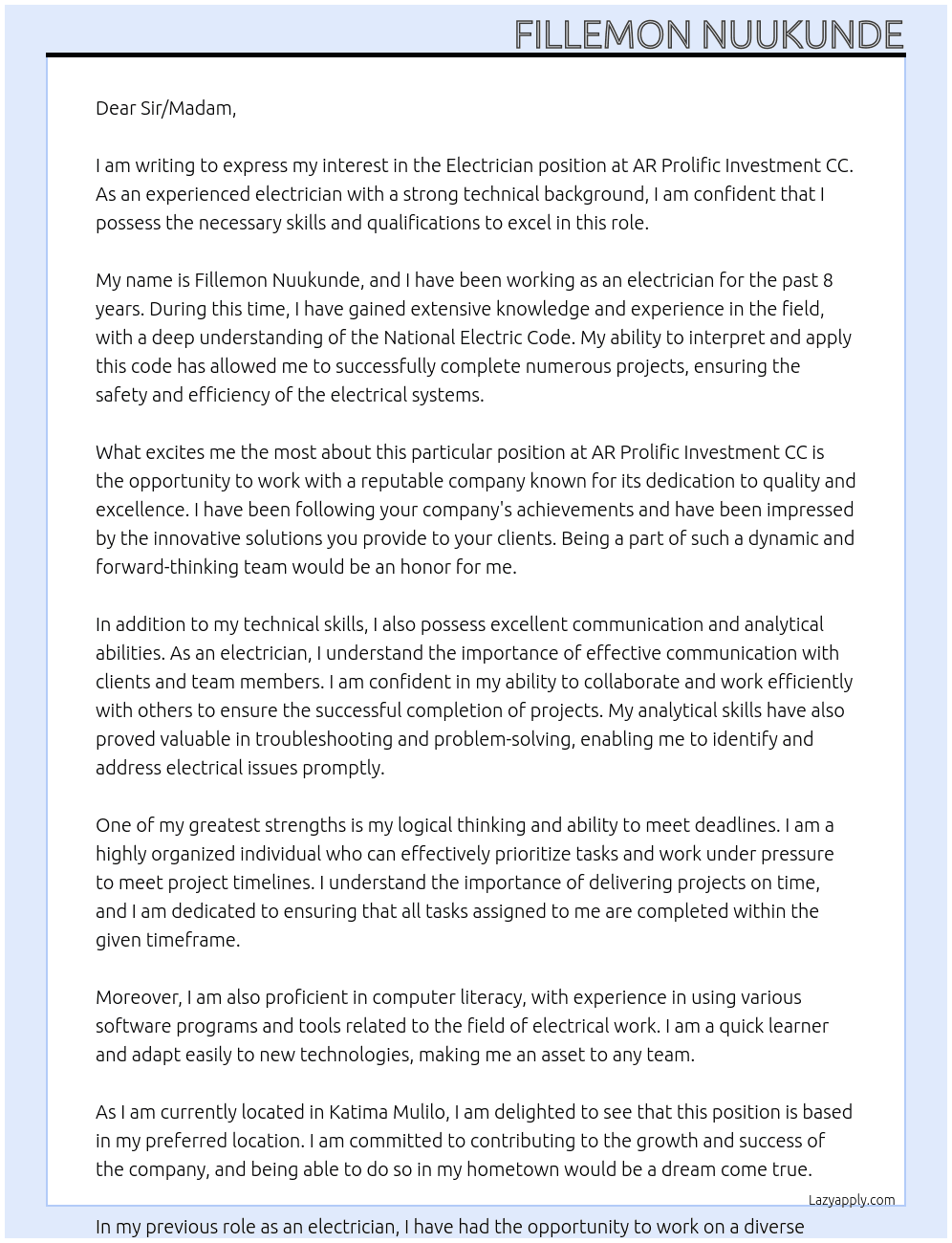 Electrician  At AR Prolific Investment CC  Cover Letter