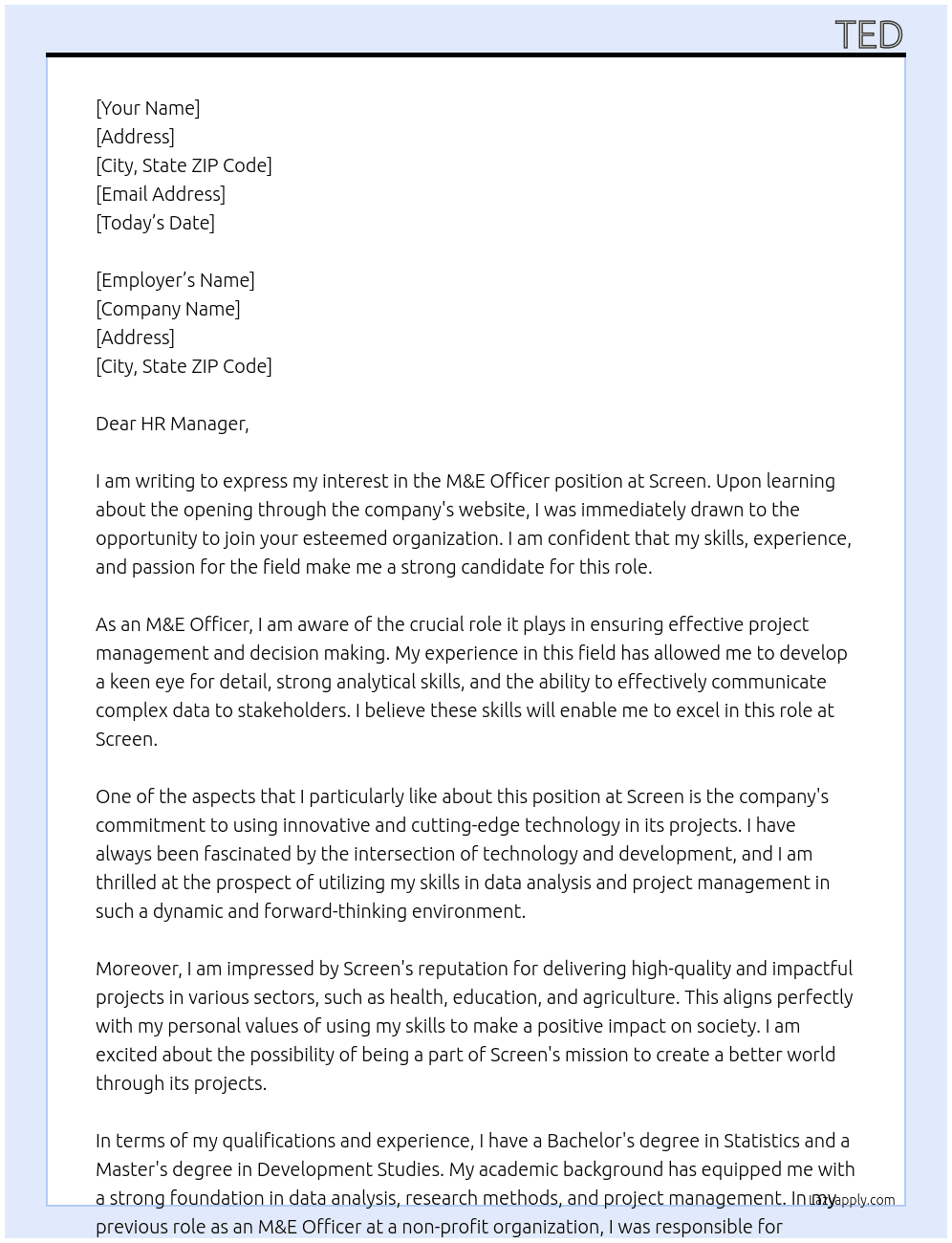 m&e officer At screen Cover Letter