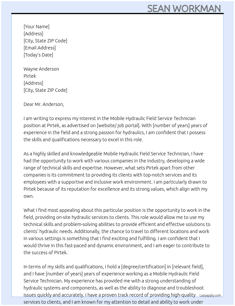 Mobile Hydraulic Field Service Technician At Pirtek Cover Letter