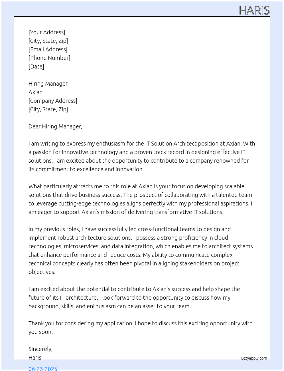 Cover letter for it solution architect - LazyApply