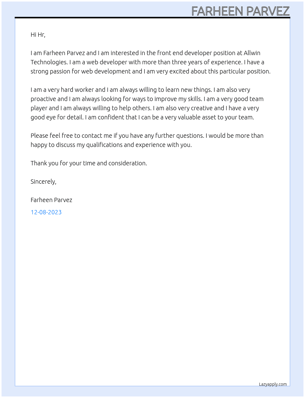 Front end developer  At allwin technologies  Cover Letter