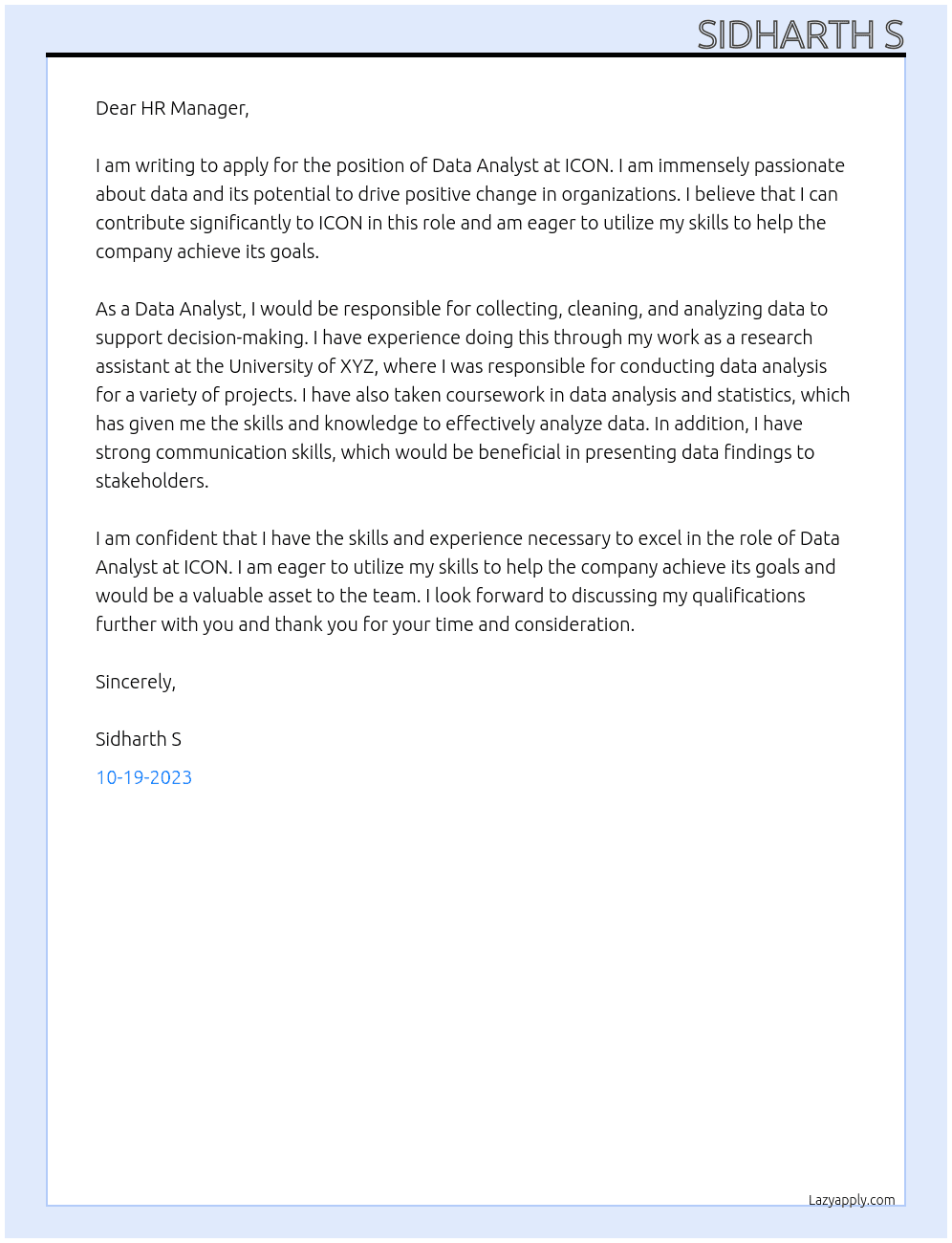 Data Analyst At ICON Cover Letter