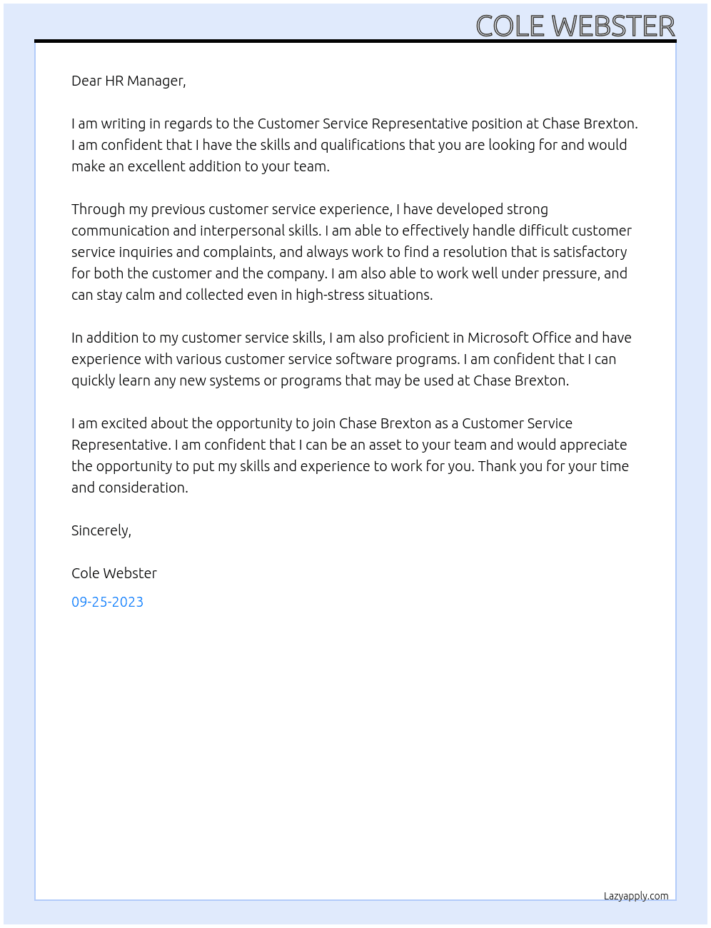 Customer Service Representative  At Chase Brexton Cover Letter
