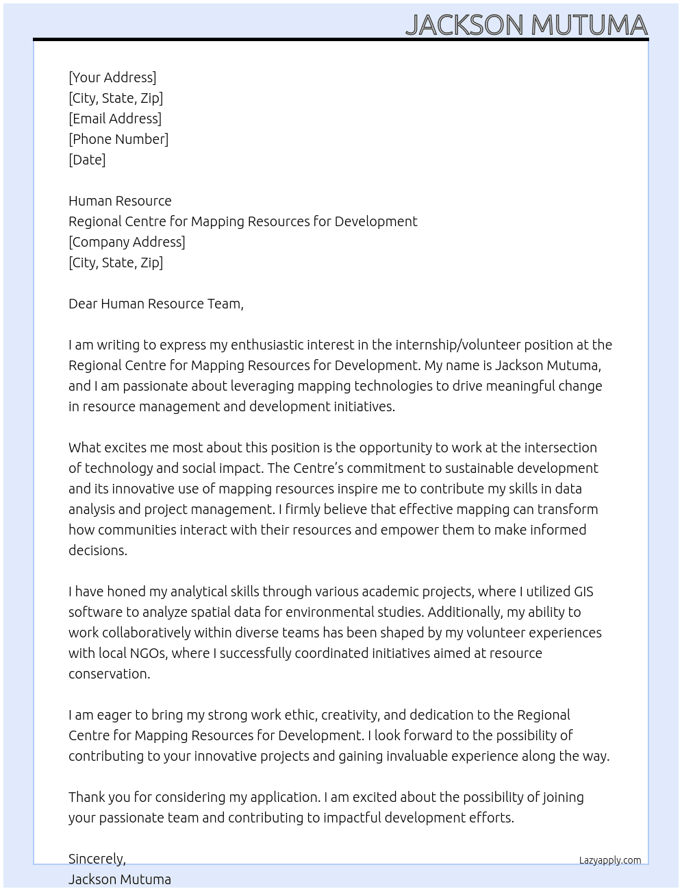 internship/volunteer At regional centre for mapping resources for development  Cover Letter