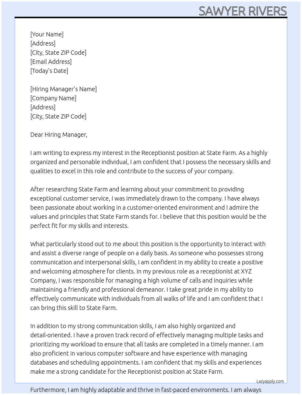 Receptionist At State Farm Cover Letter